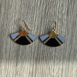 Vintage Laurel Burch Black & Light Blue Enamel Fan Earrings Signed